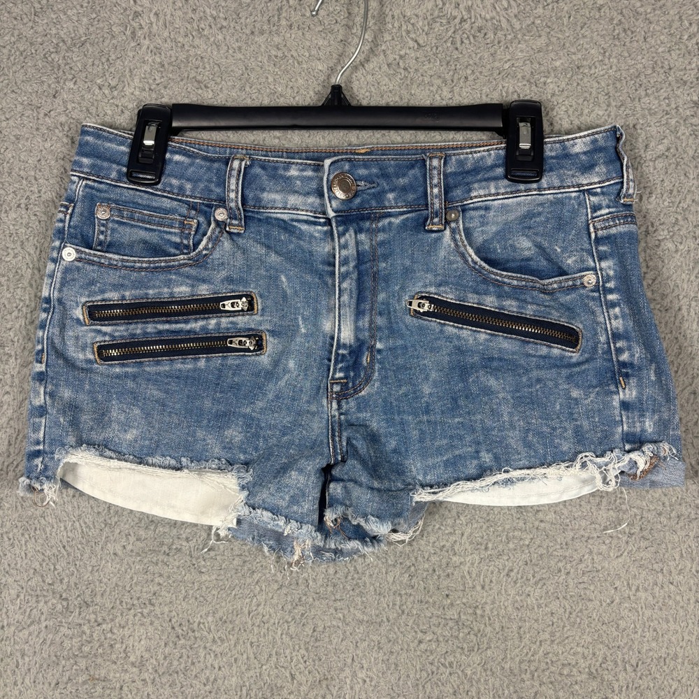 American Eagle Shorts Womens 10 Blue Hi-Rise Shortie Moto Zipper Denim Cutoff